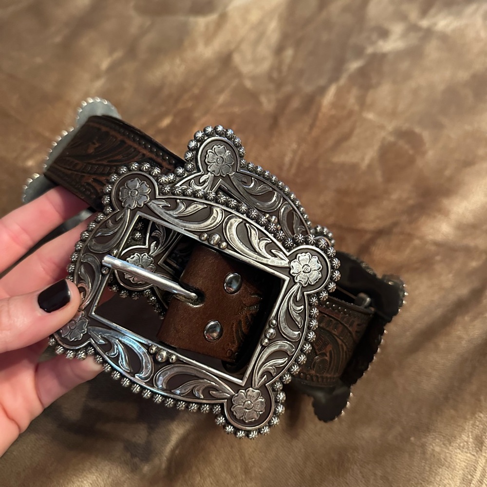 Western Brown Genuine Leather Belt with Silver Buckle